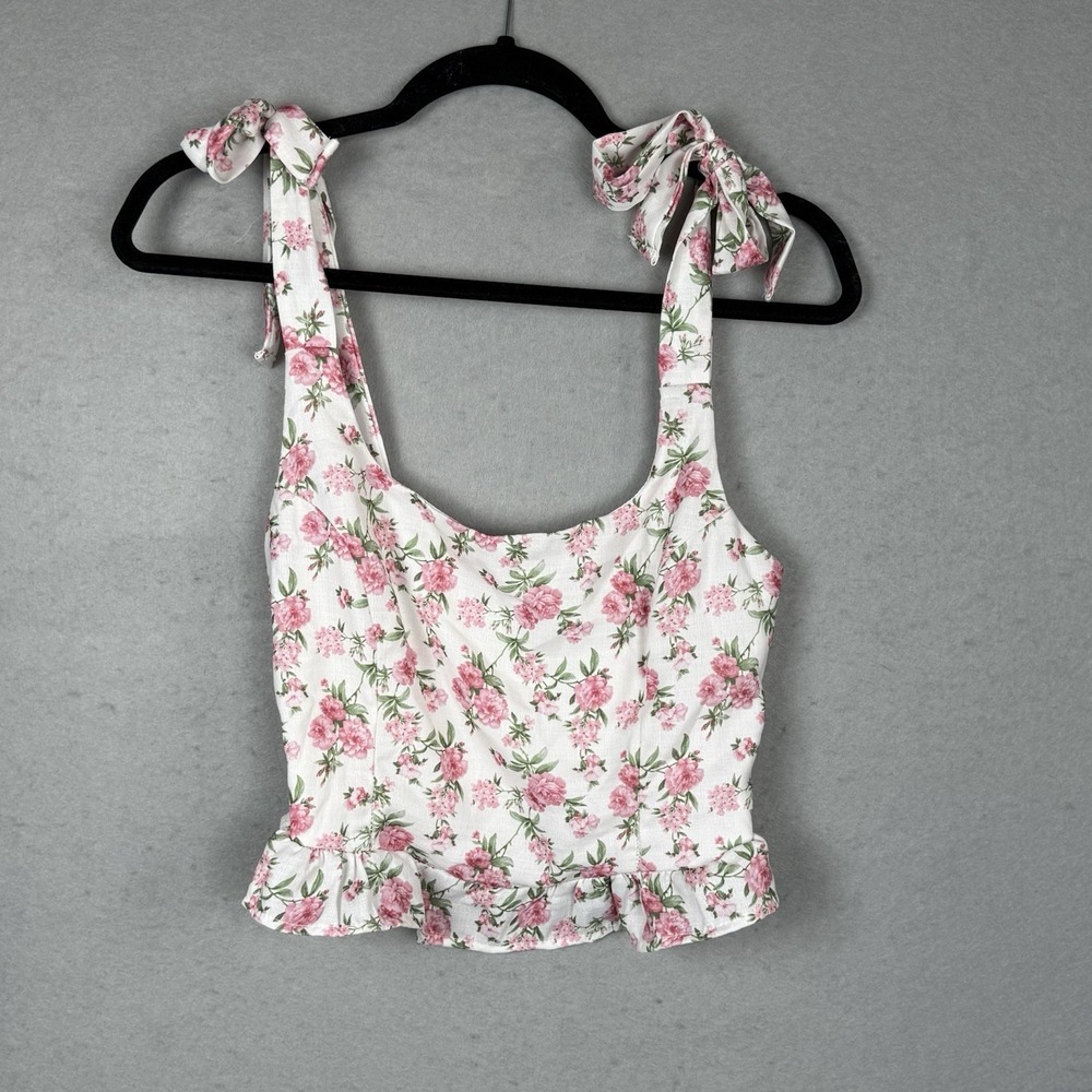 Altar'd State Women's Pink Floral Smocked Ruffle Babydoll Tank Top Tie Straps‎ S